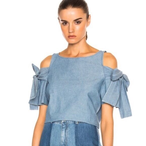 Sea New York Blue Chambray Flutter Sleeve Bow Top Women’s Size 4 - Picture 1 of 10